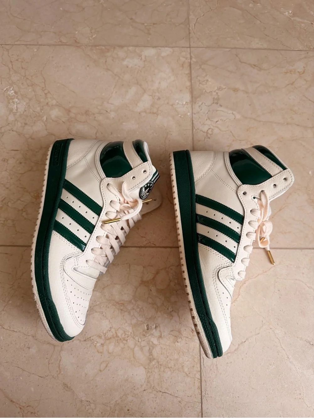 Adidas Cream and Dark Green High-Top Sneakers